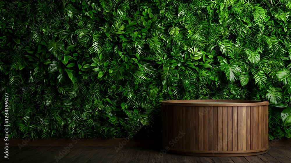 Fototapeta premium Dark Brown Wooden Display Stand Against Lush Green Wall