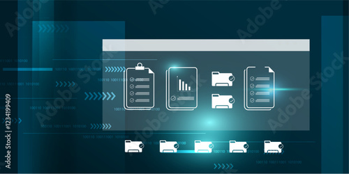automated Document file storage management concept blue background