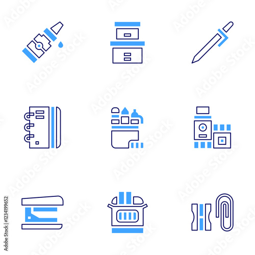 Stationery icon set. Bold line style. Duotone colors. Editable stroke. liquid glue, notebook, stapler, pens, box, pen, glue stick, chalk, pencil sharpener