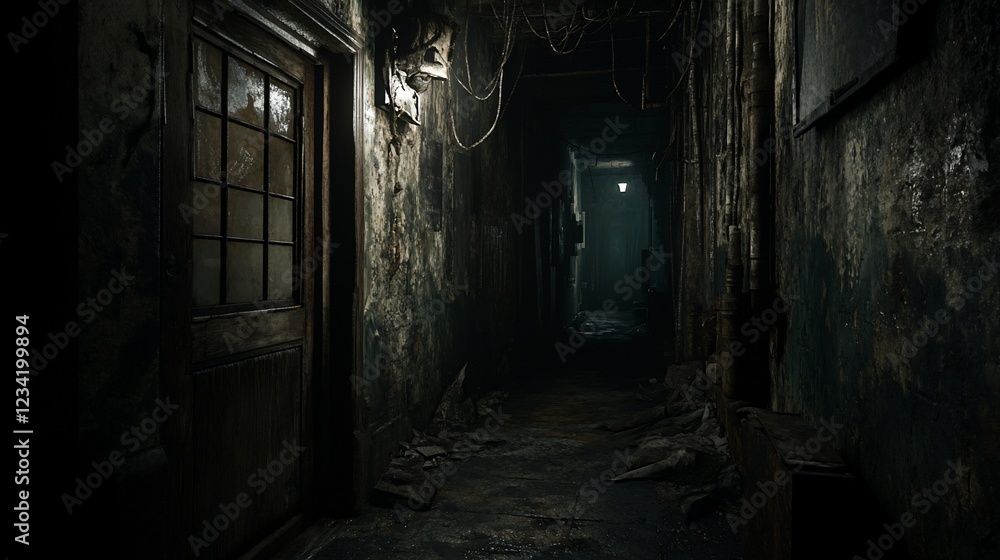 Dark, derelict hallway; urban decay; mysterious background; horror game asset