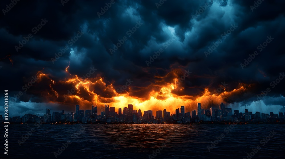 Naklejka premium Dark City Skyline Under a Dramatic Storm