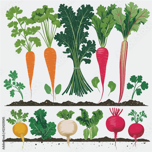 Freshly harvested root vegetables, vibrant and diverse, conveying healthy eating from garden to table.