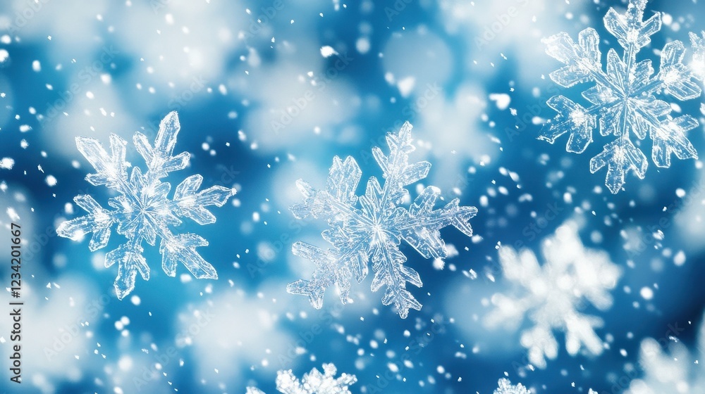 Intricate snowflakes falling on a blue winter sky Intricate snowflakes falling on a blue winter sky