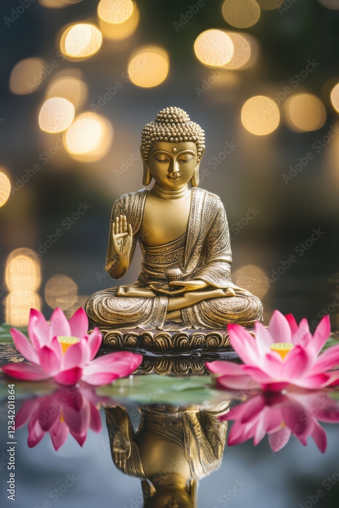 Fototapeta premium Golden Buddha statue surrounded by pink lotus flowers on reflective water