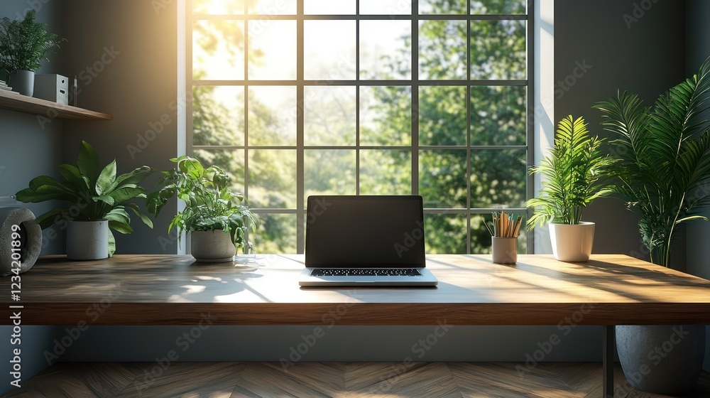 Serene Home Office Workspace with Laptop and Plants Serene Home Office Workspace with Laptop and Plants