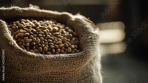 Burlap sack of beans in rustic setting photo