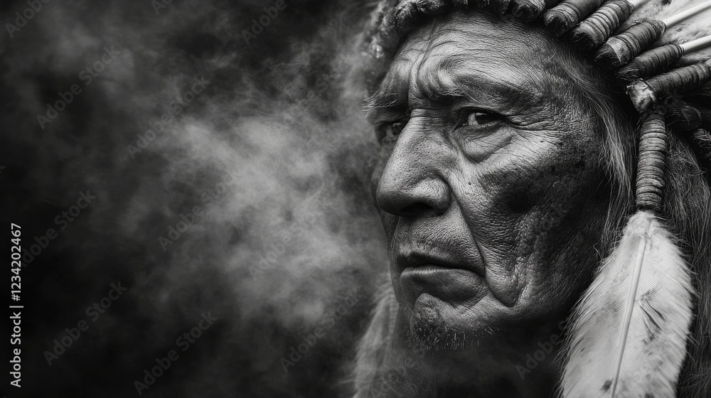 Fototapeta premium Dramatic portrait of a rugged elder with traditional headdress in arizona