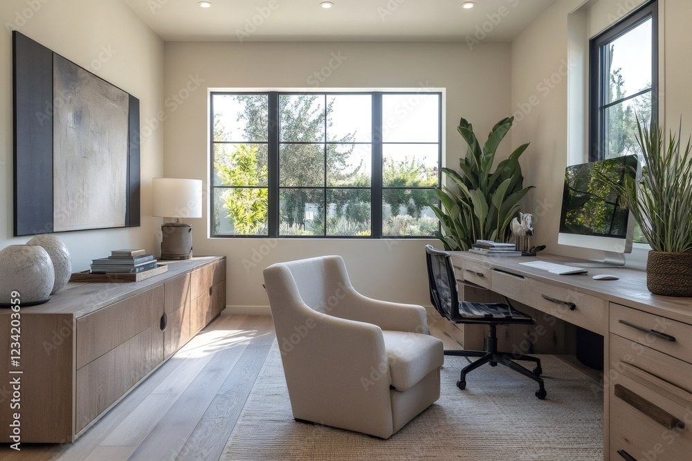 Fototapeta premium Modern home office interior design with large window overlooking garden