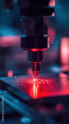 High-precision laser etching serial number onto microchip with red light photo