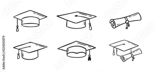 Graduation hat set. Hand drawn doodle Graduation hats sketch line. Education college student success diploma drawing