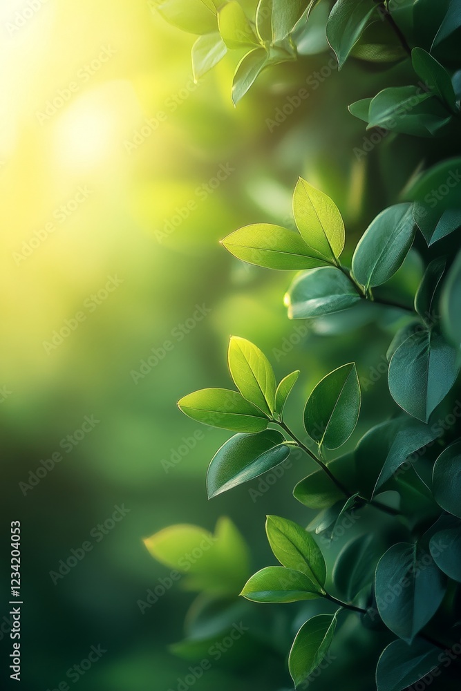 Obraz premium Sunlit Green Leaves, Abstract Nature Background With Soft Blurred Bokeh And Warm Sunlight