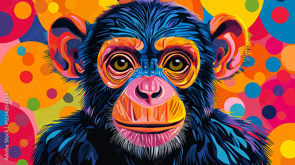 Fototapeta premium Vibrant Pop Art Chimpanzee Portrait Colorful Monkey Illustration Funky Animal Art