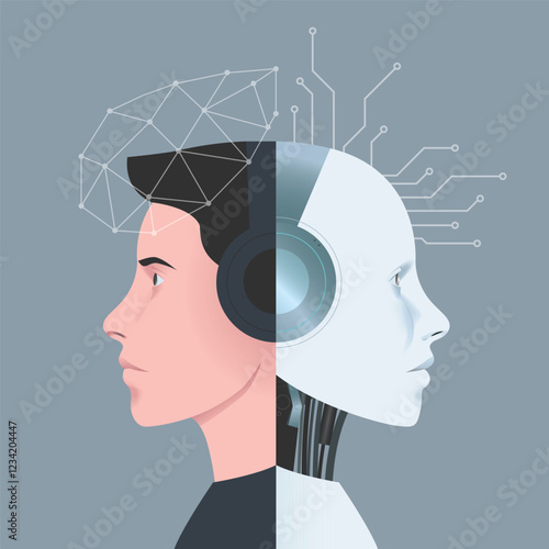 Human being and AI robot merging together, future and technology innovation concept, Human brain and AI Chip concept, Concept of artificial intelligence,