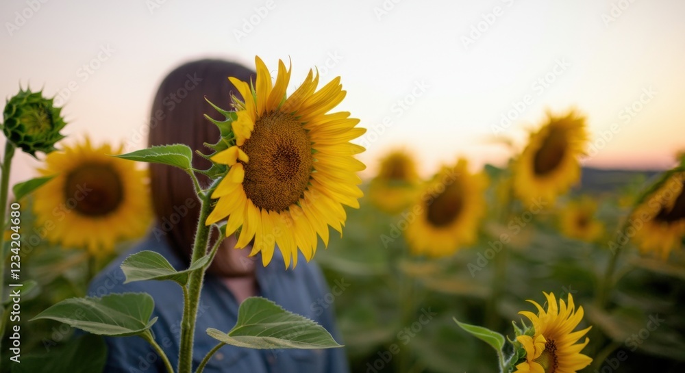 Sunflowers in bloom with woman in field during sunset Sunflowers in bloom with woman in field during sunset
