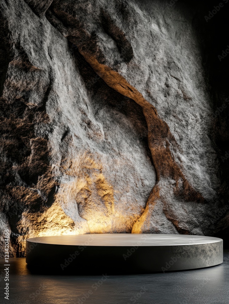 3D render of an empty podium scene with a rock wall, black background, minimalistic and clean, for product presentation. Digital art illustration in dark colors. High resolution 3D render of an empty podium scene with a rock wall, black background, minimalistic and clean, for product presentation. Digital art illustration in dark colors. High resolution