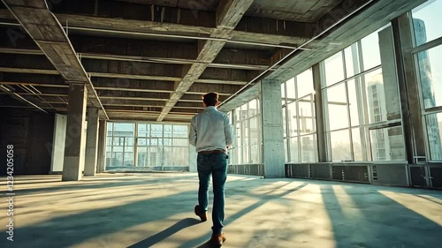 Man inspecting empty office space, sunset view