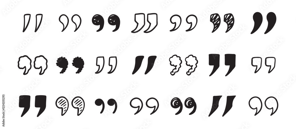 Quotation mark doodle hand drawn set. Quotation marks drawing for quotes template Quotation mark doodle hand drawn set. Quotation marks drawing for quotes template