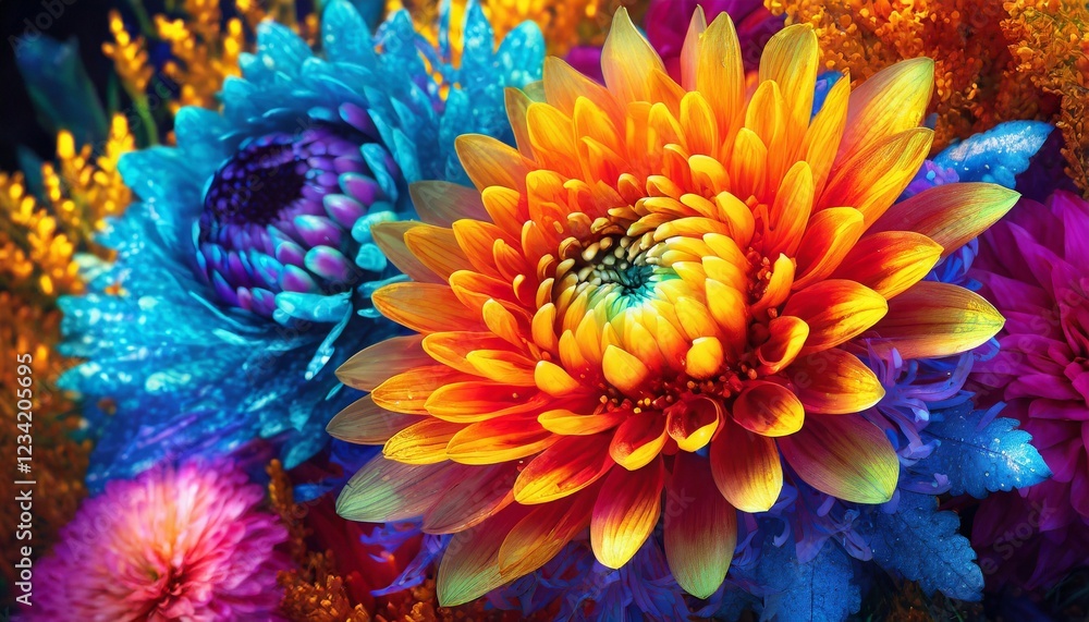 Close-up photography capturing the intricate details of a vibrant colorful floral arrangement Close-up photography capturing the intricate details of a vibrant colorful floral arrangement