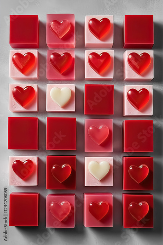 Red marmalade squares and hearts on a gray background. Vertical background for Birthday and Valentine's Day.