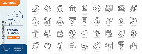 Personal Finance line editable icon set. Containing budget, savings, expense, income, tax, loan, statement, financial management, mortgage and more. Vector illustration