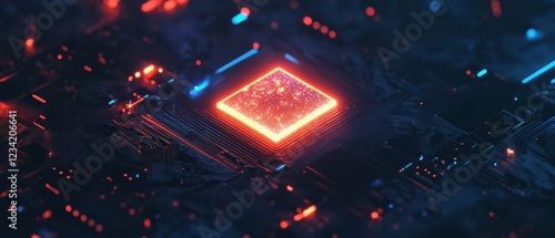 glowing microchip on circuit board, emphasizing modern technology photo