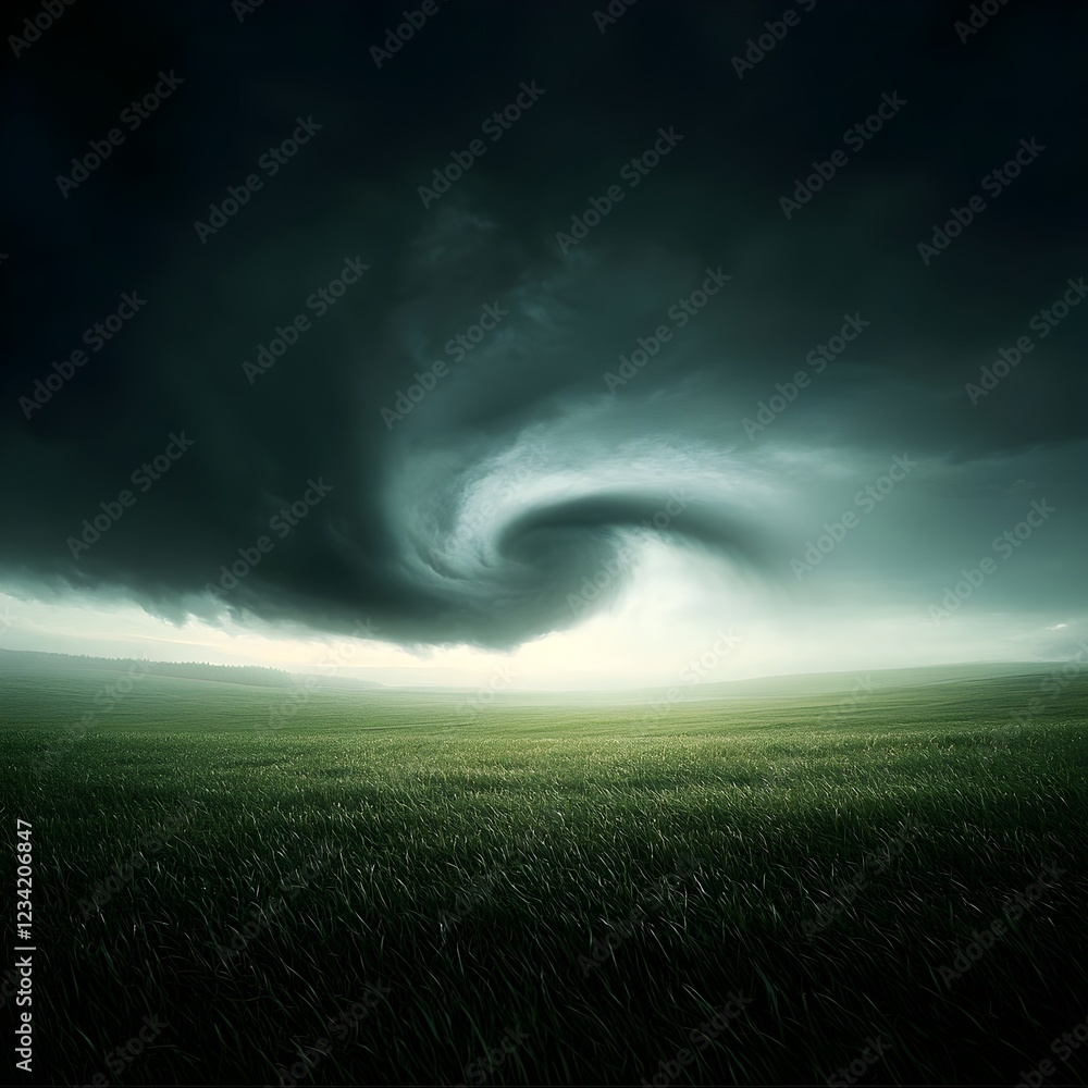 Dark Green Field Under a Swirling Storm Cloud Dark Green Field Under a Swirling Storm Cloud