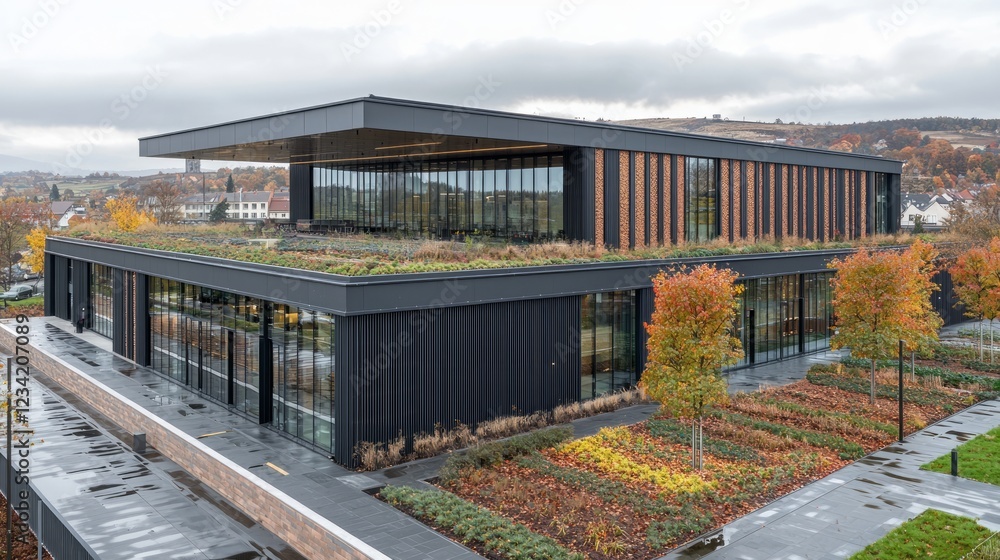 Obraz premium Modern green roof building, autumn landscape, office complex