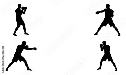 Boxing men silhouette set in black and white