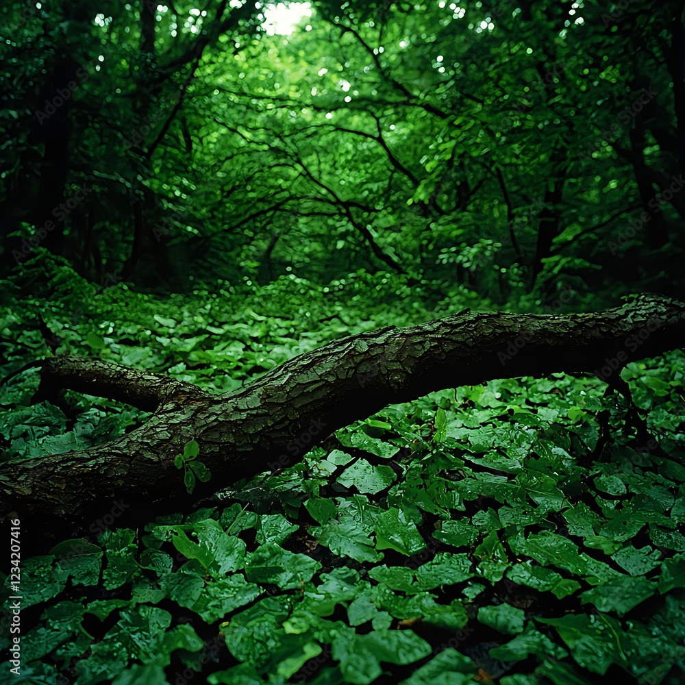 Fototapeta premium Dark Green Forest with Fallen Log
