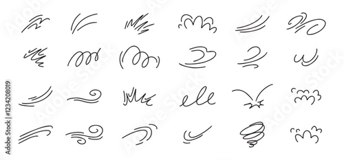 Doodle line wind moving set. Breath of the typhoon. Flat wind moves Vector isolated illustration