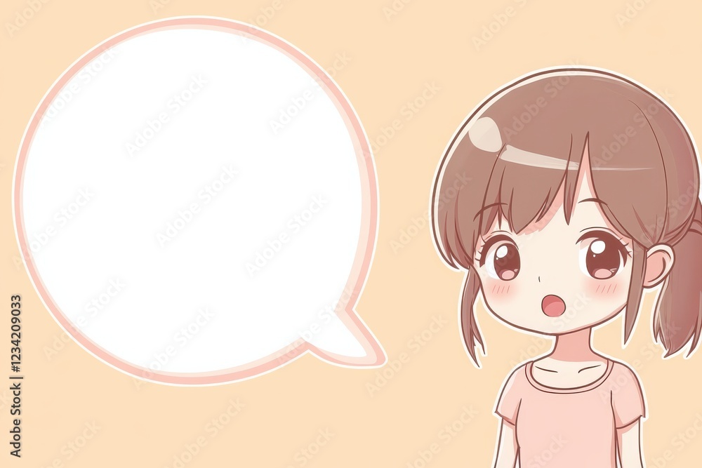 cute Girl with Surprised Expression Next to Floating Blank Speech Bubble cute Girl with Surprised Expression Next to Floating Blank Speech Bubble