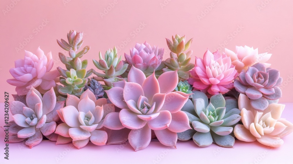 Obraz premium Succulent plants arrangement on pastel colored background. Potted succulent house plants. Flat lay, top view, copy space