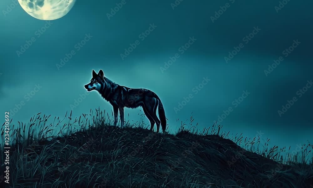 Lone wolf howling under full moon at night; serene landscape background, ideal for fantasy or nature themes Lone wolf howling under full moon at night; serene landscape background, ideal for fantasy or nature themes