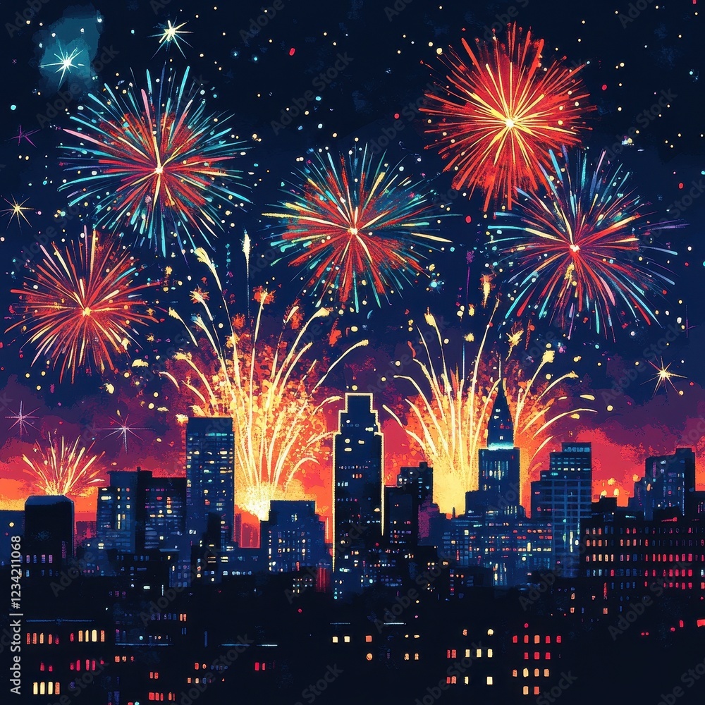 Festive Fireworks Display Over City Skyline At Night Festive Fireworks Display Over City Skyline At Night
