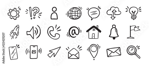 Contact doodle hand drawn icon. Isolated communication signs for business