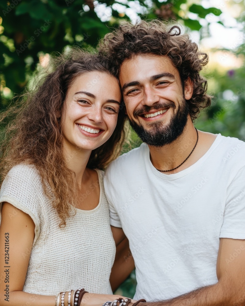 Happy couple embracing in a lush green outdoor setting Happy couple embracing in a lush green outdoor setting