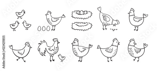 Hand drawn cute hen chickens set. Doodle farm chickens sketch style. Funny outline domestic birds, poultry concept.