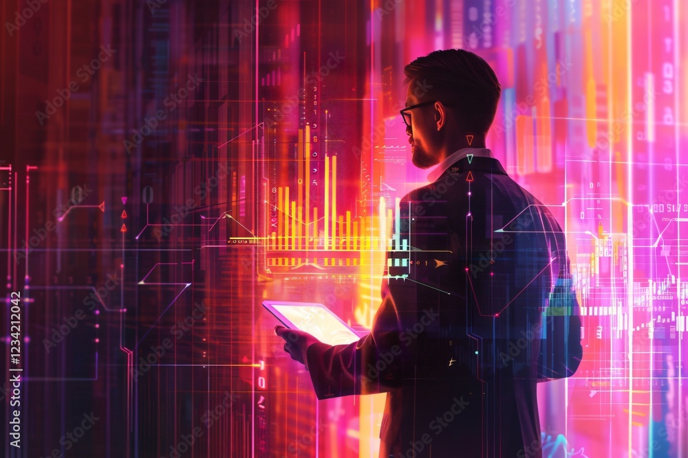 Fototapeta premium businessman in a suit holding a tablet, surrounded by vibrant digital charts, graphs, and futuristic data visualizations neon colors