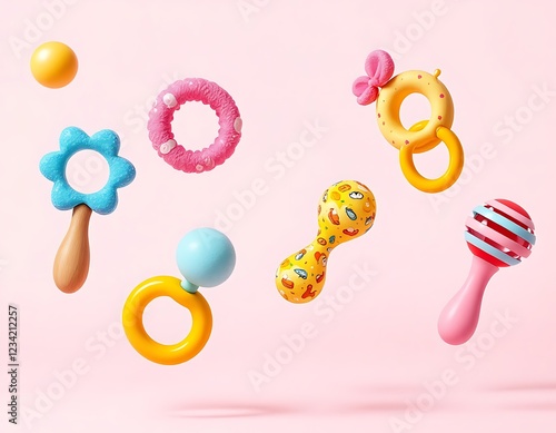 Adorable Baby Toys Floating on Pink Background