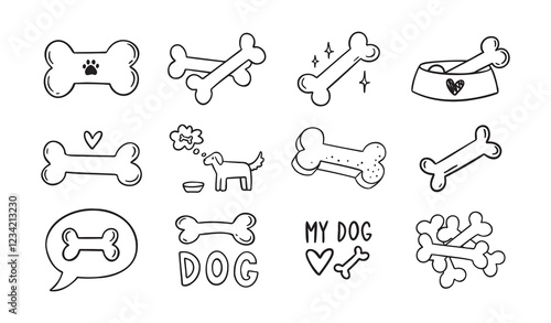 Hand drawn doodle bone for dogs set. Outline isolated drawing bones on white background. Line bone icons. 