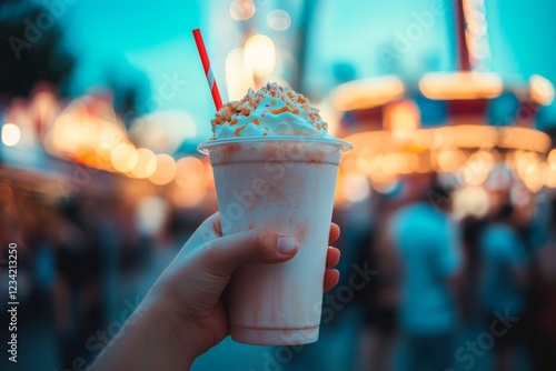 A person holding a fast-food milkshake with a blurred amusement park in the background photo