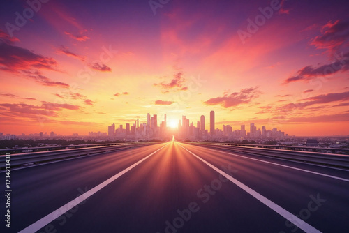 cityscape at sunset with broad road leading to modern skyscrapers skyline