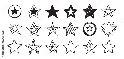 Hand drawn doodle stars set. different drawing stars isolated on white background.