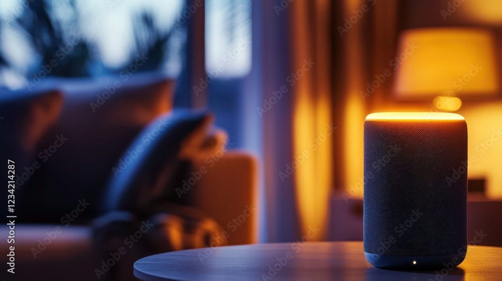 Modern home speaker with LED light glowing, voice command interaction