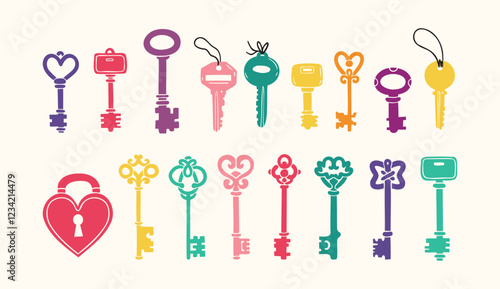 Hand drawn colored vector Keys. Doodle various vintage, modern and cute isolated keys. Different types, sizes.