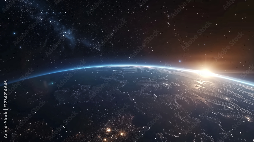 Obraz premium A breathtaking view of Earth from space, glowing sunrise on the