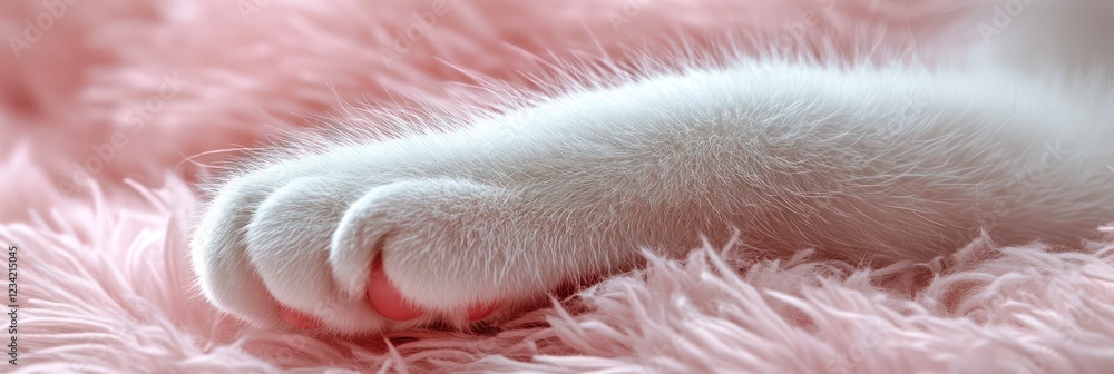 Close-up of a White Cat's Paw Resting on a Soft Pink Furry Surface Close-up of a White Cat's Paw Resting on a Soft Pink Furry Surface