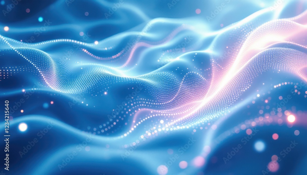 Abstract blue and pink neon wave pattern with glowing dots and soft blurred lights Abstract blue and pink neon wave pattern with glowing dots and soft blurred lights