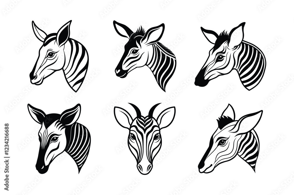 Okapi (Okapia johnstoni) animal design, labeled line art vector art illustration. Okapi (Okapia johnstoni) animal design, labeled line art vector art illustration.