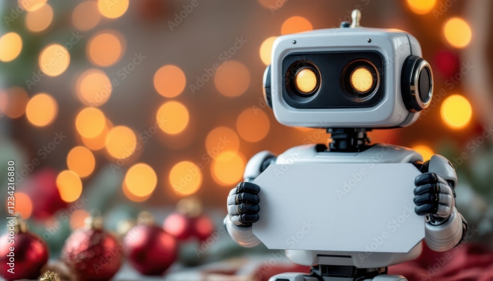 Cute robot holding blank sign with festive holiday lights in background Cute robot holding blank sign with festive holiday lights in background